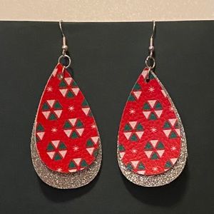 Handmade Faux Leather Earrings- Silver Sparkle&Red